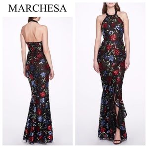 Marchesa Notte Sleeveless Halter Embroidered Sequin Gown